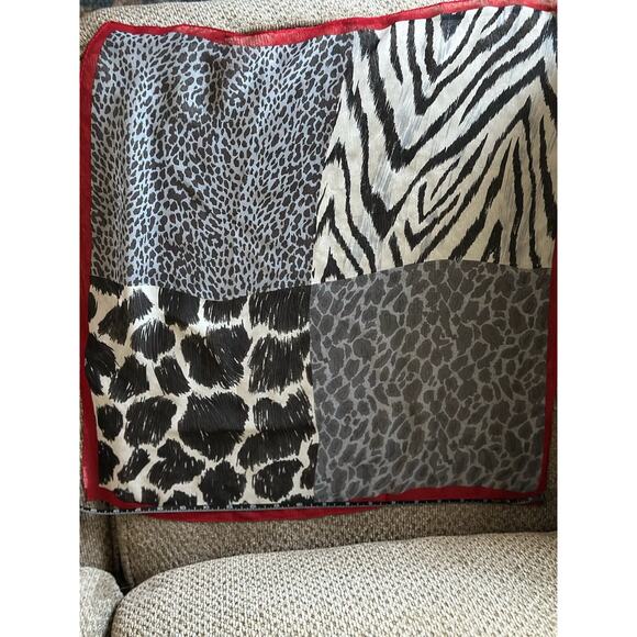 Silk Animal Print Scarf 21” X 21” Transparent Red, Black &‎ White - Picture 7 of 8